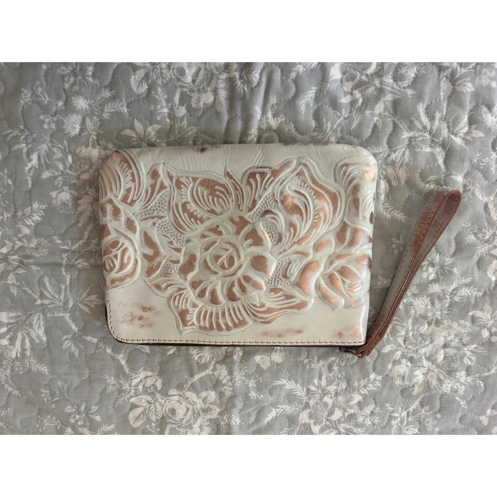 Patricia Nash Leather Clutch White with Copper Metallic Floral Design